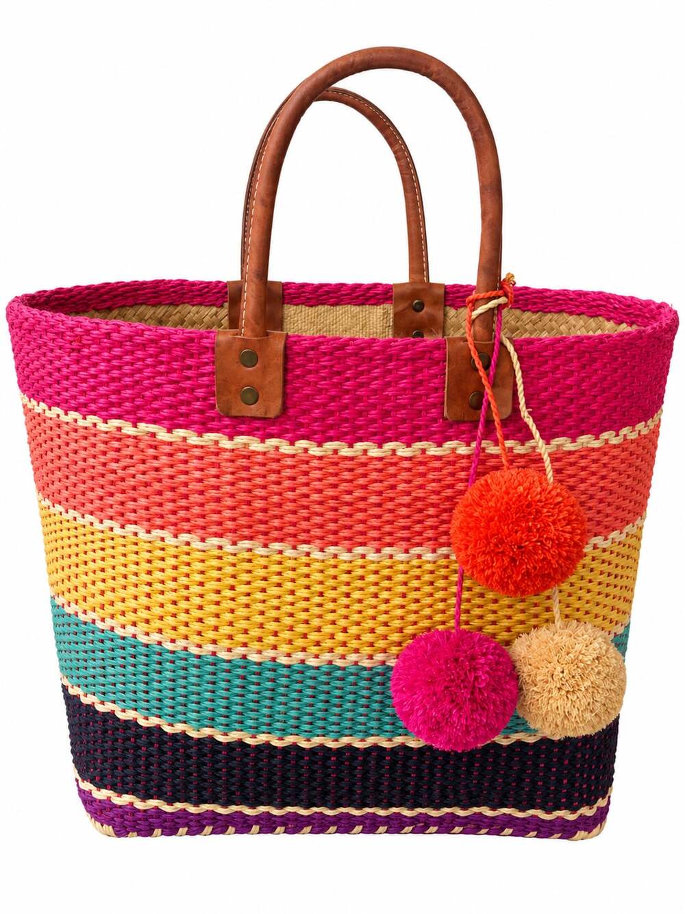 Mar Y Sol Caracas Tote Multicolored Straw Woven Bag with Pom Poms